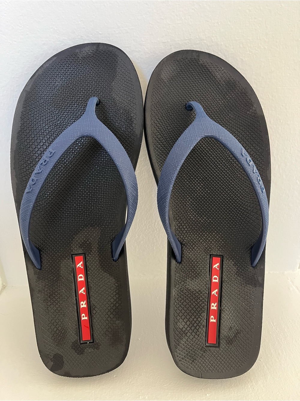 Prada Black Footbed Flip Flops with Navy Straps